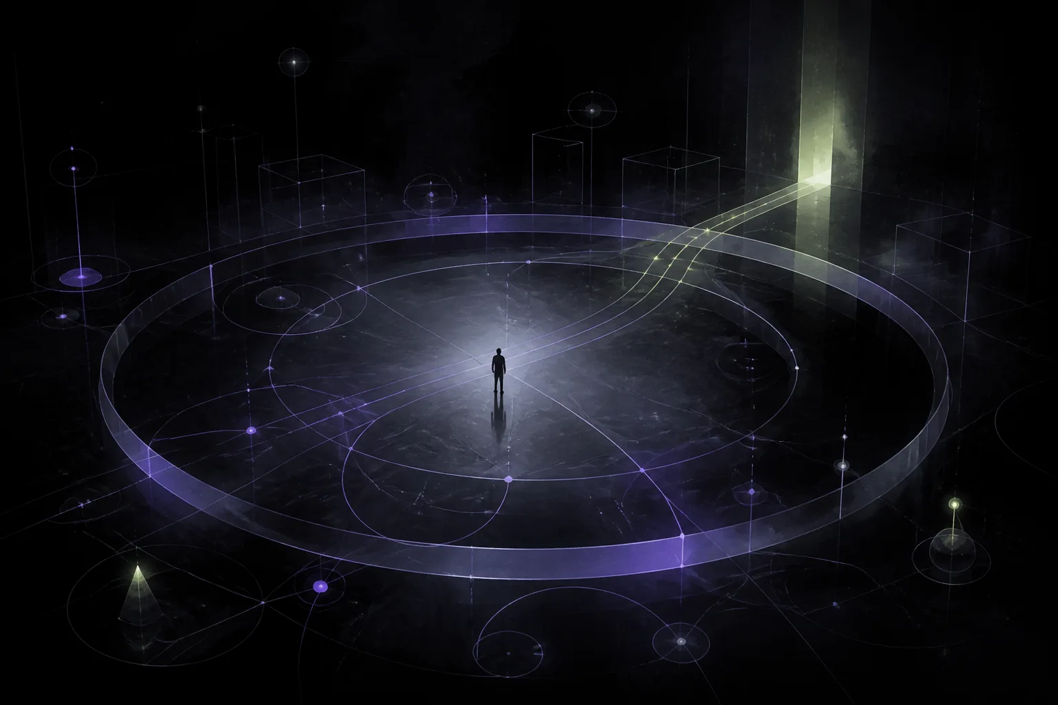 A solitary figure stands inside a vast circular glass enclosure crossed by fine violet signal paths that bend toward a distant green-lit threshold.