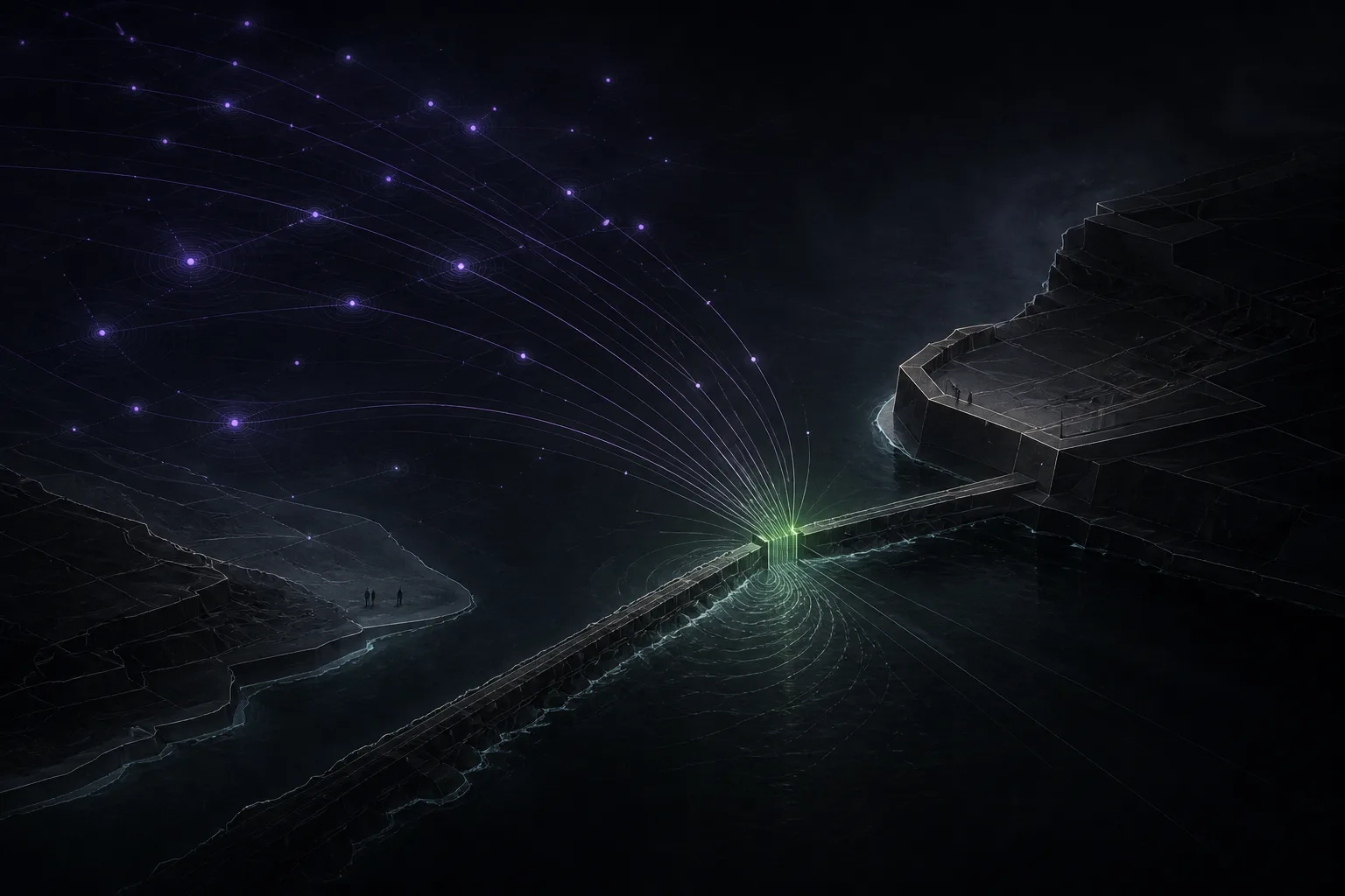 Violet signal lines converge from a dark abstract coastline toward a narrow green-lit passage in a long breakwater between two shores.