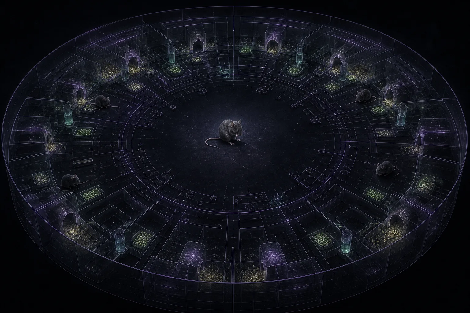 Several healthy mice sit far apart in a circular glass habitat with orderly nesting alcoves and plentiful food and water around an empty central field.