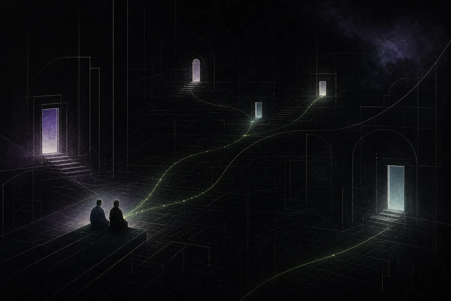 Two figures sit beside one another in a dark architectural landscape as fine green lines branch toward several illuminated doorways.