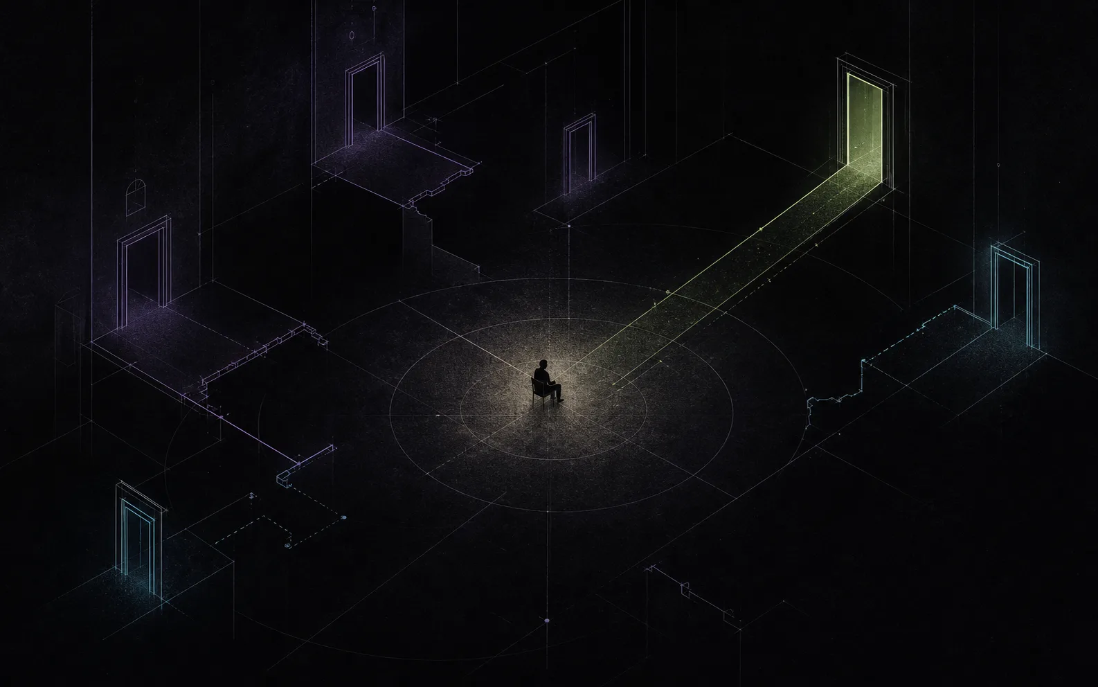 A solitary seated figure occupies the centre of a dark geometric room while broken paths lead toward several faint doors and one green-lit exit.