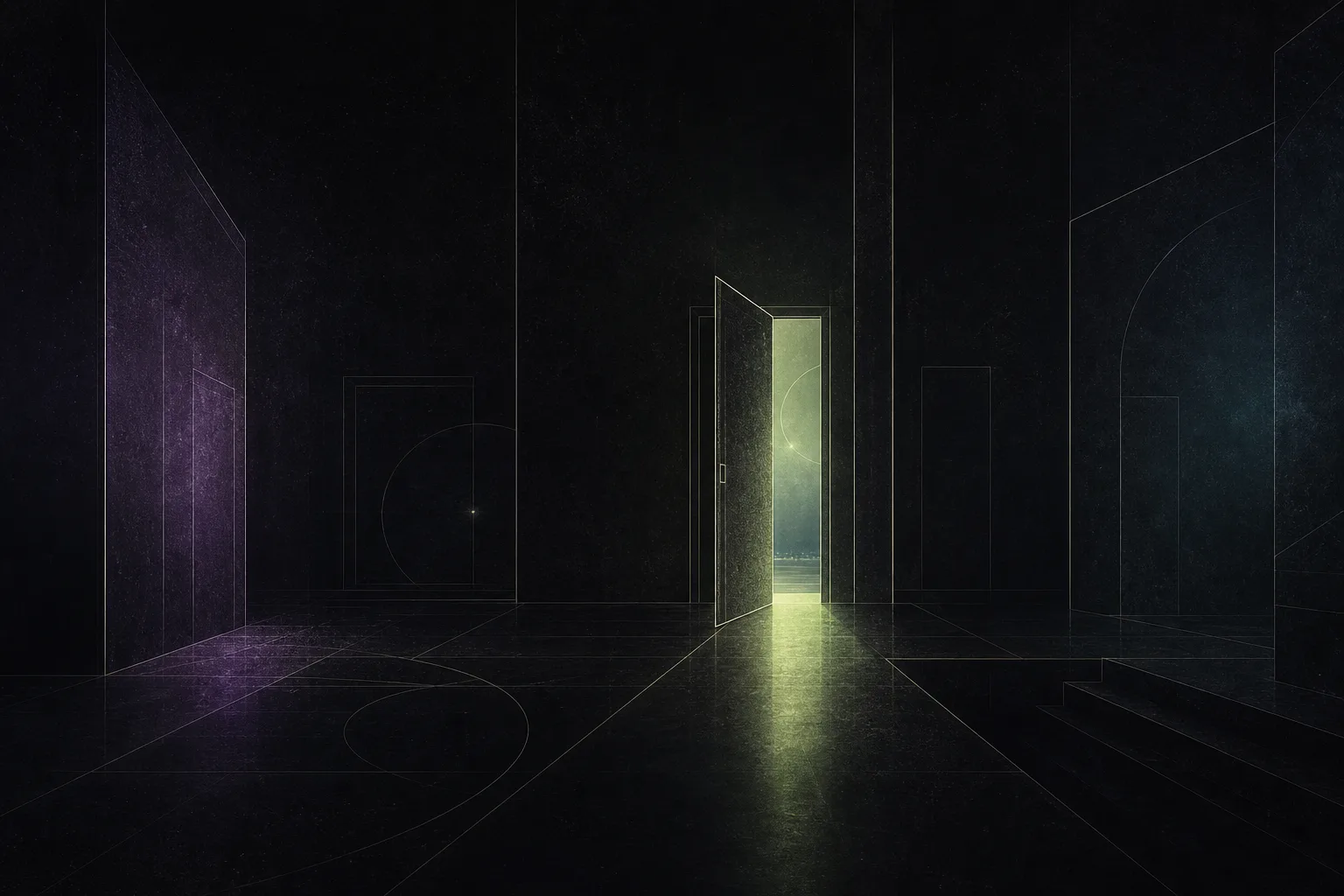 A single green-lit doorway stands open among faint violet and cyan outlines of other thresholds in a vast dark interior.